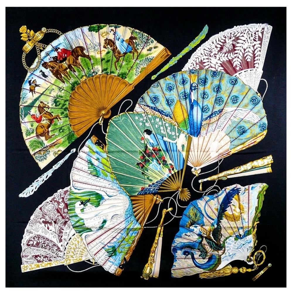 Hermes Black Brise de Charme Fan Print 90cm Silk Square Scarf by Julie Abadie